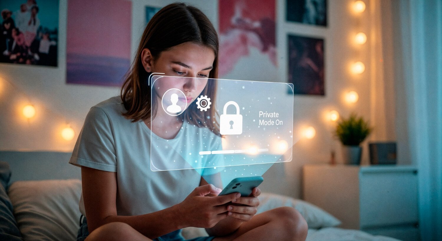 Jovem no celular em quarto com holograma de cadeado e navegação privada para evitar o golpe do Desenrola Brasil com segurança digital.
